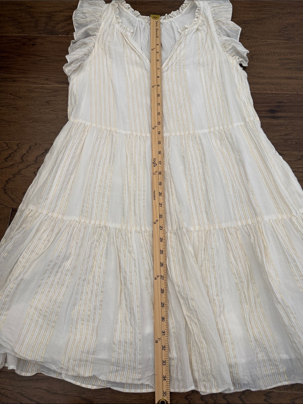 a loves a RomanticGauzy Boho L Metallic Gold Striped Tiered Mini Dress - Picture 8 of 10